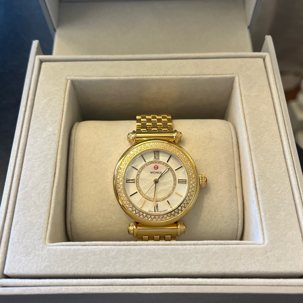 *Tags, Never-worn, Michele brand, gold-plated watch